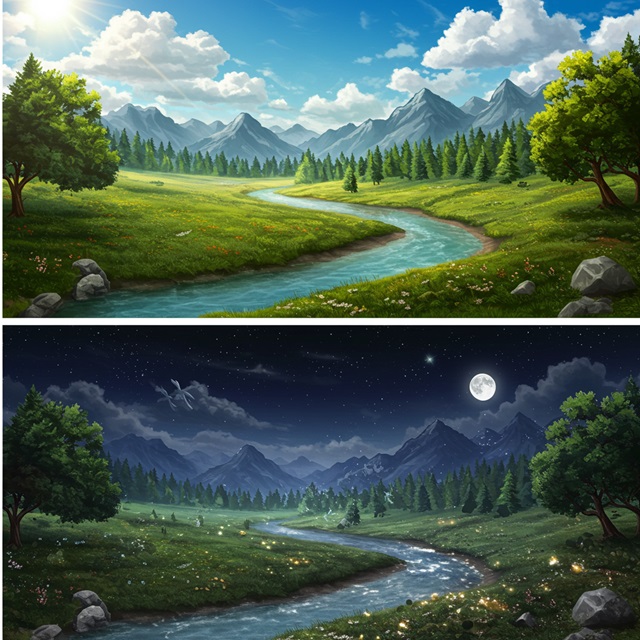 Two images, one of a fantasy game landscape during the day, and one at night